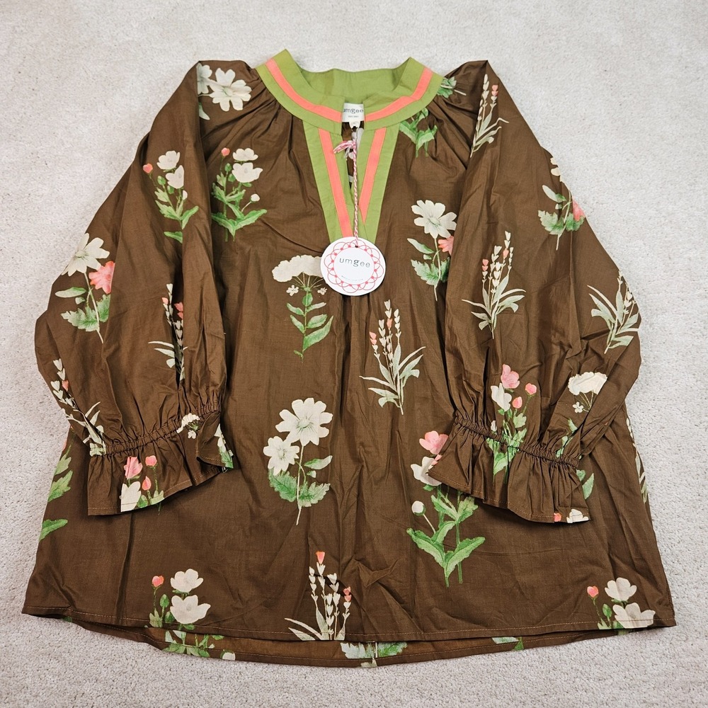 NWT's Autumn Bloom L Boho Peasant Umgee Floral Balloon Sleeve Tunic Cotton Brown